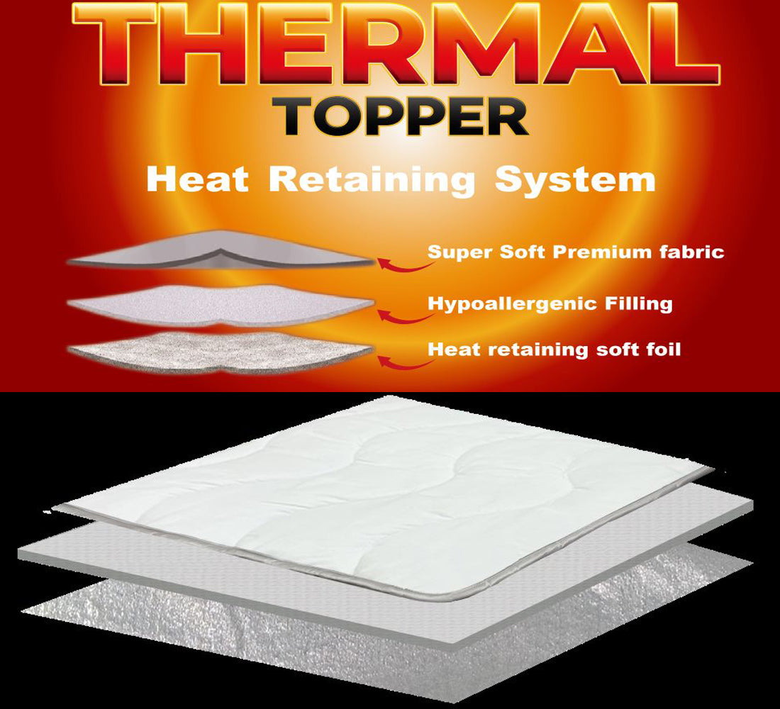 Self Heating Mattress Topper With Heat Reflecting Foil and Thermal Lining to Retain Heat