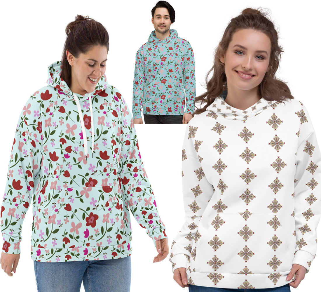 Unisex Polyester Brushed Fleece Hooded Sweatshirts Track Top - Floral Patterns by Deadly/Cute©