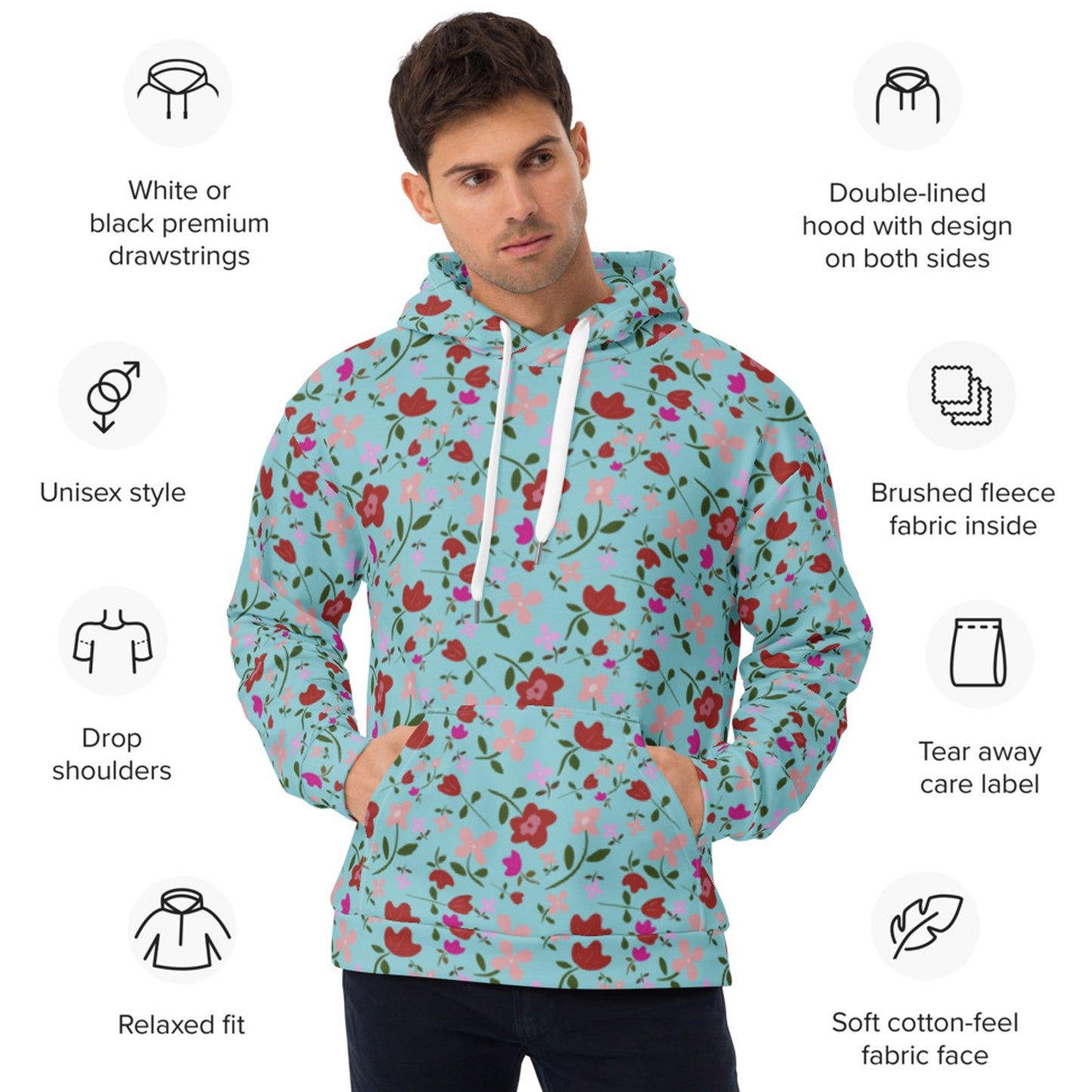 Unisex Polyester Brushed Fleece Hooded Sweatshirts Track Top - Floral Patterns by Deadly/Cute©